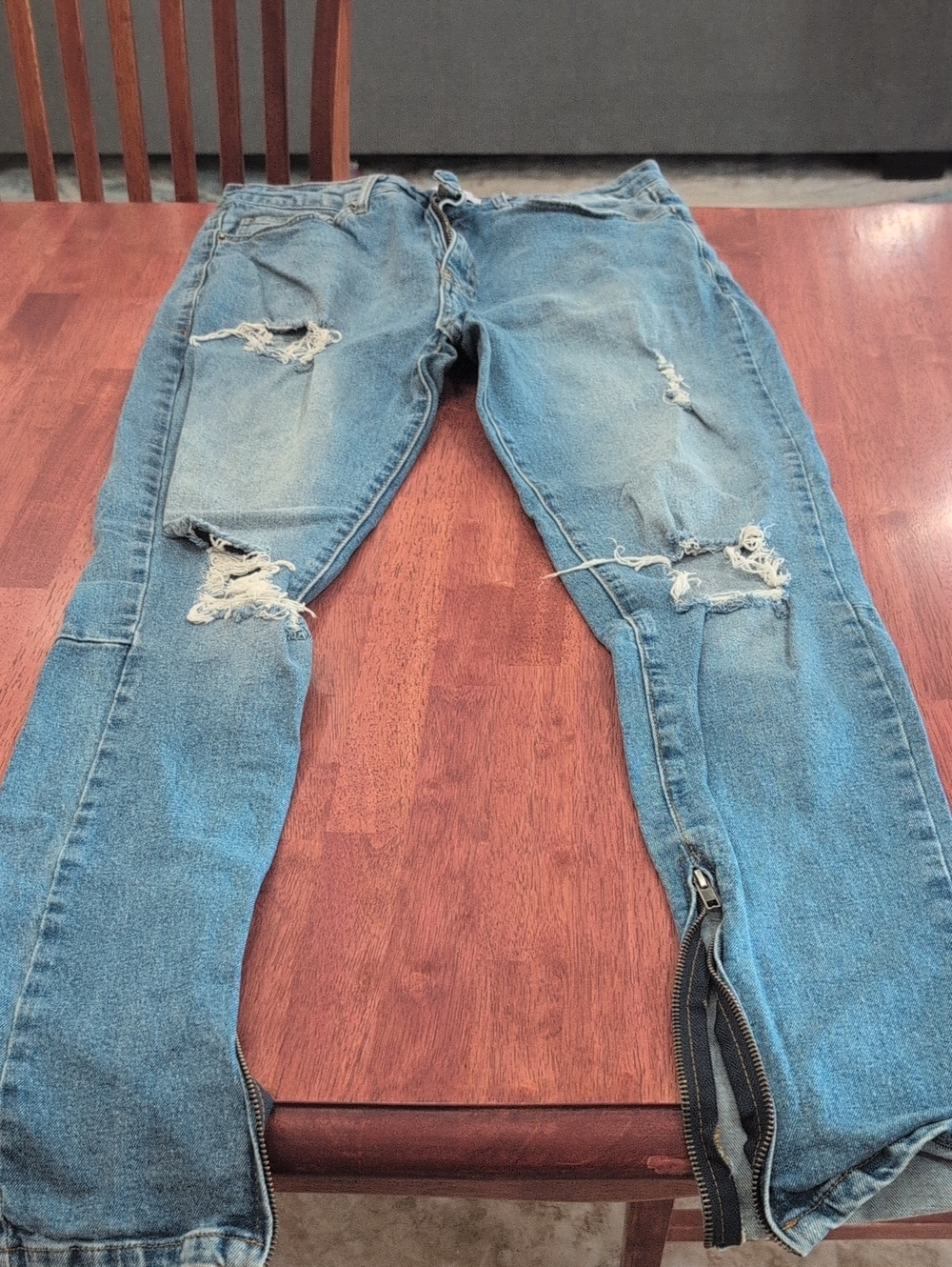 Fashion Nova Men's Light Blue Distressed Skinny Jeans with Ankle Zips